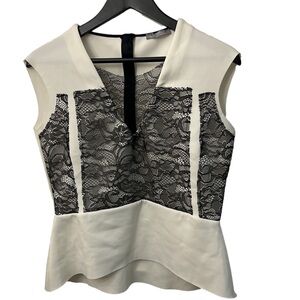 Zara White Peplum Neoprene Top with Black Lace Overlay